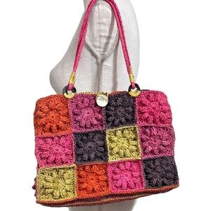 Annabel Ingall Raffia Shoulder Bag Tote Button Crochet Patchwork Colorful